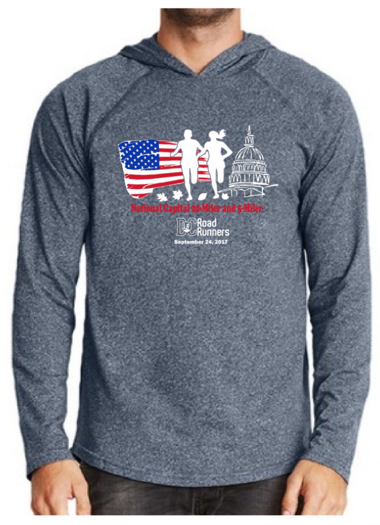 light gray long sleeve DC Road Runners National Capital 20 Miler tech hoodie