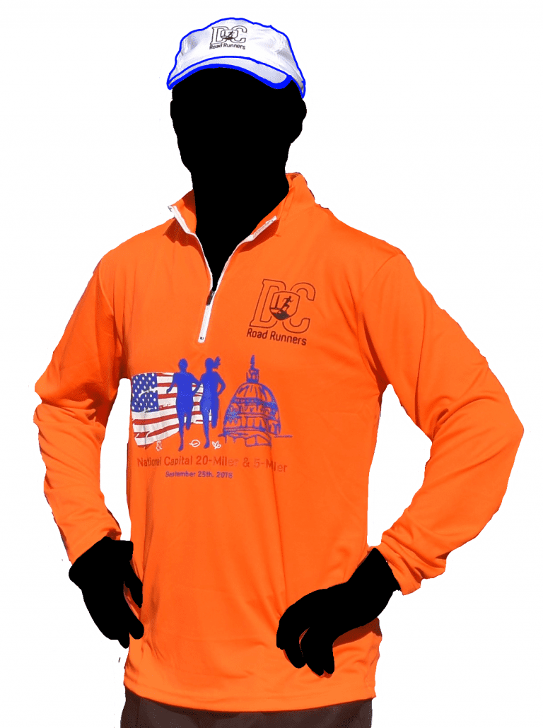 bright orange long sleeve half zipper DC Road Runners National Capital 20 Miler tech pullover