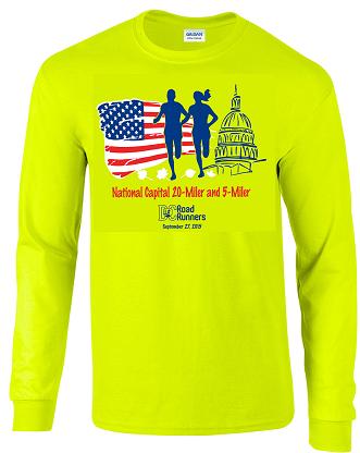 neon yellow long sleeve DC Road Runners National Capital 20 Miler tech shirt