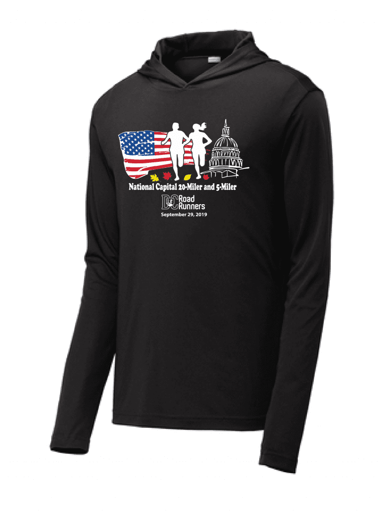black long sleeve DC Road Runners National Capital 20 Miler tech hoodie